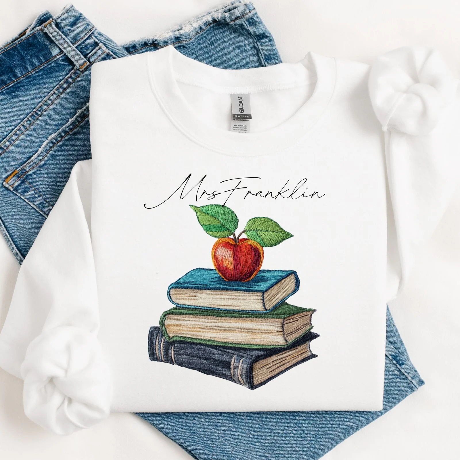 DTF TRANSFER - EMBROIDERY STYLE - TEACHER BOOK STACK