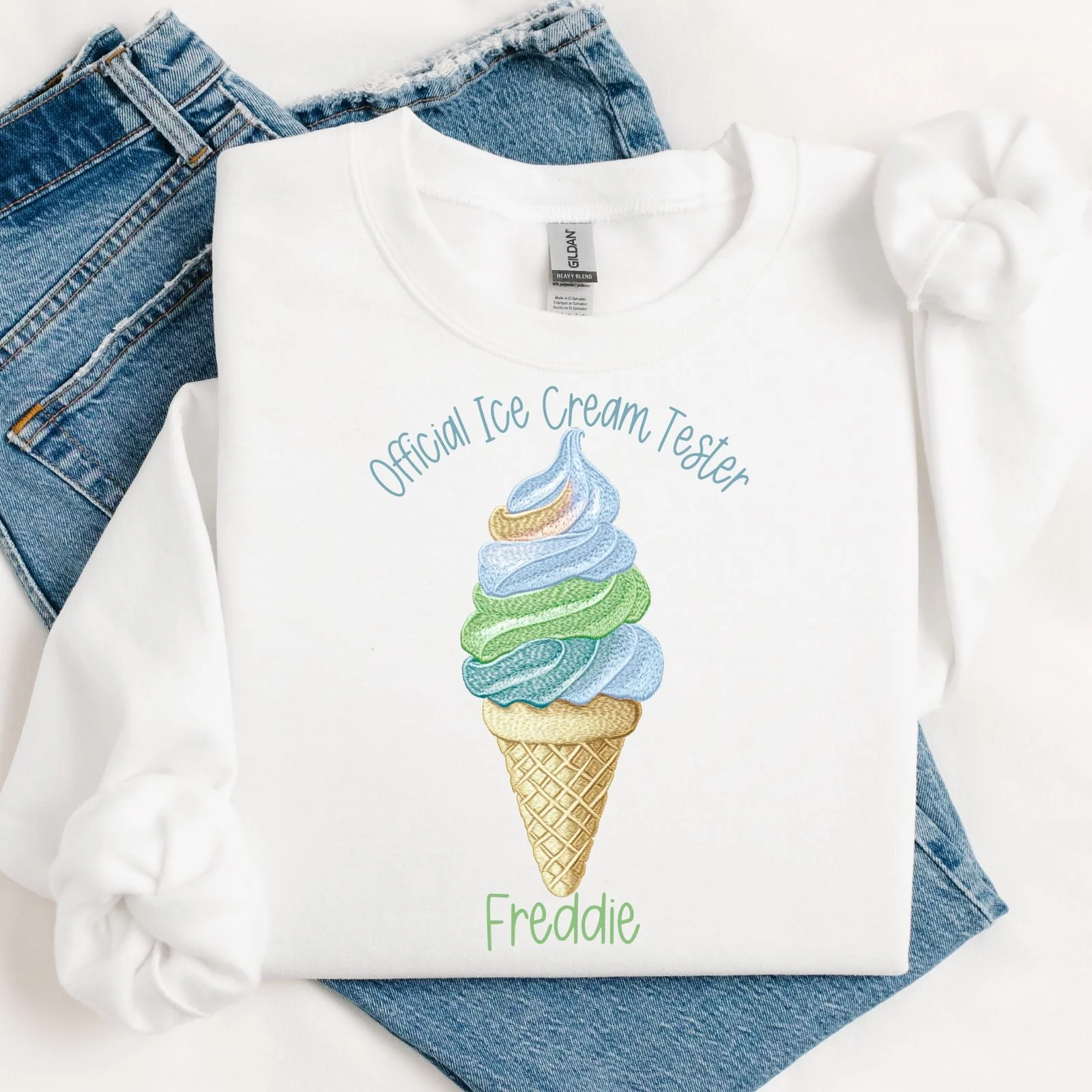 DTF TRANSFER - EMBROIDERY STYLE - ICE CREAM - BLUE