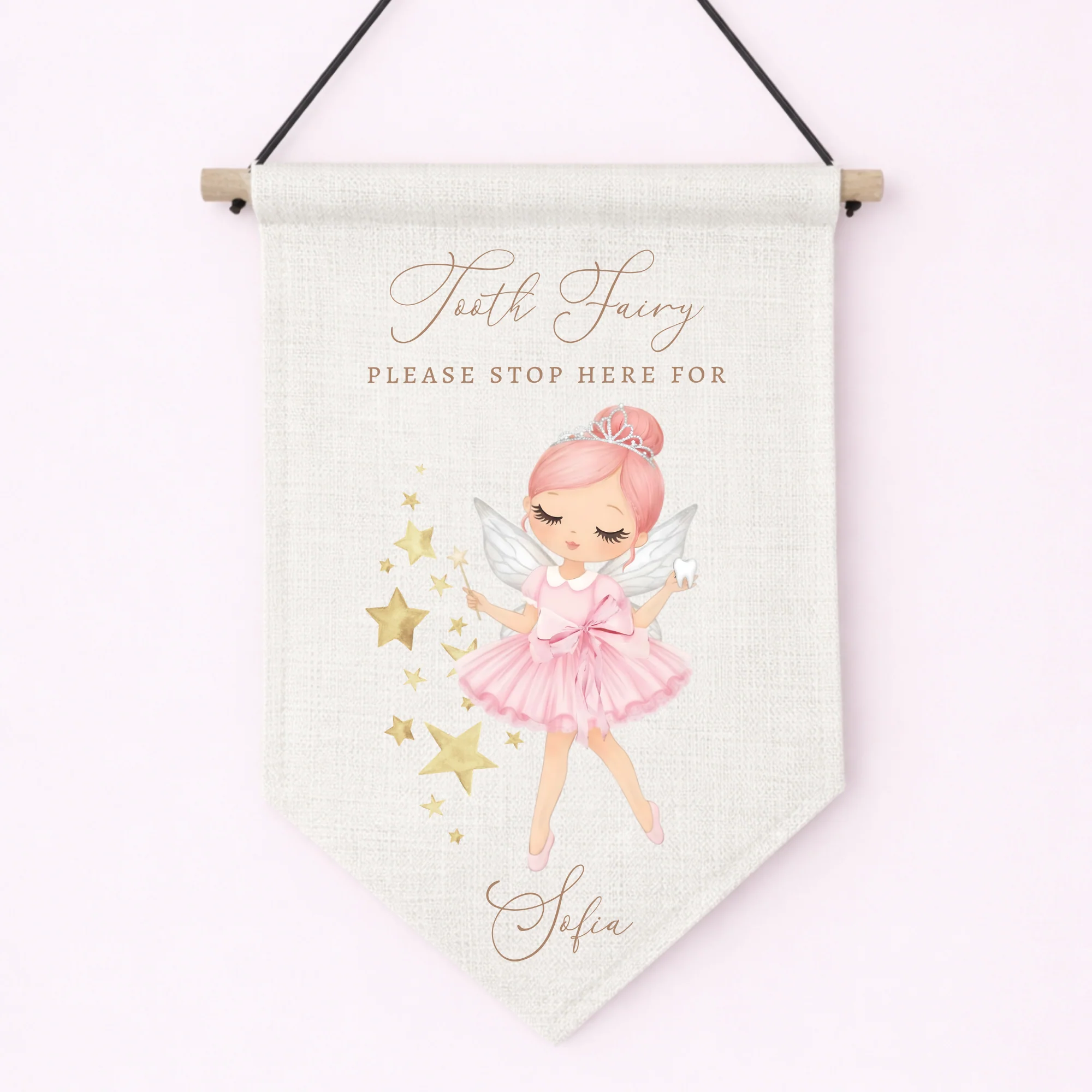DTF TRANSFER - TOOTH FAIRY - GOLD STARS - LARGE - PINK