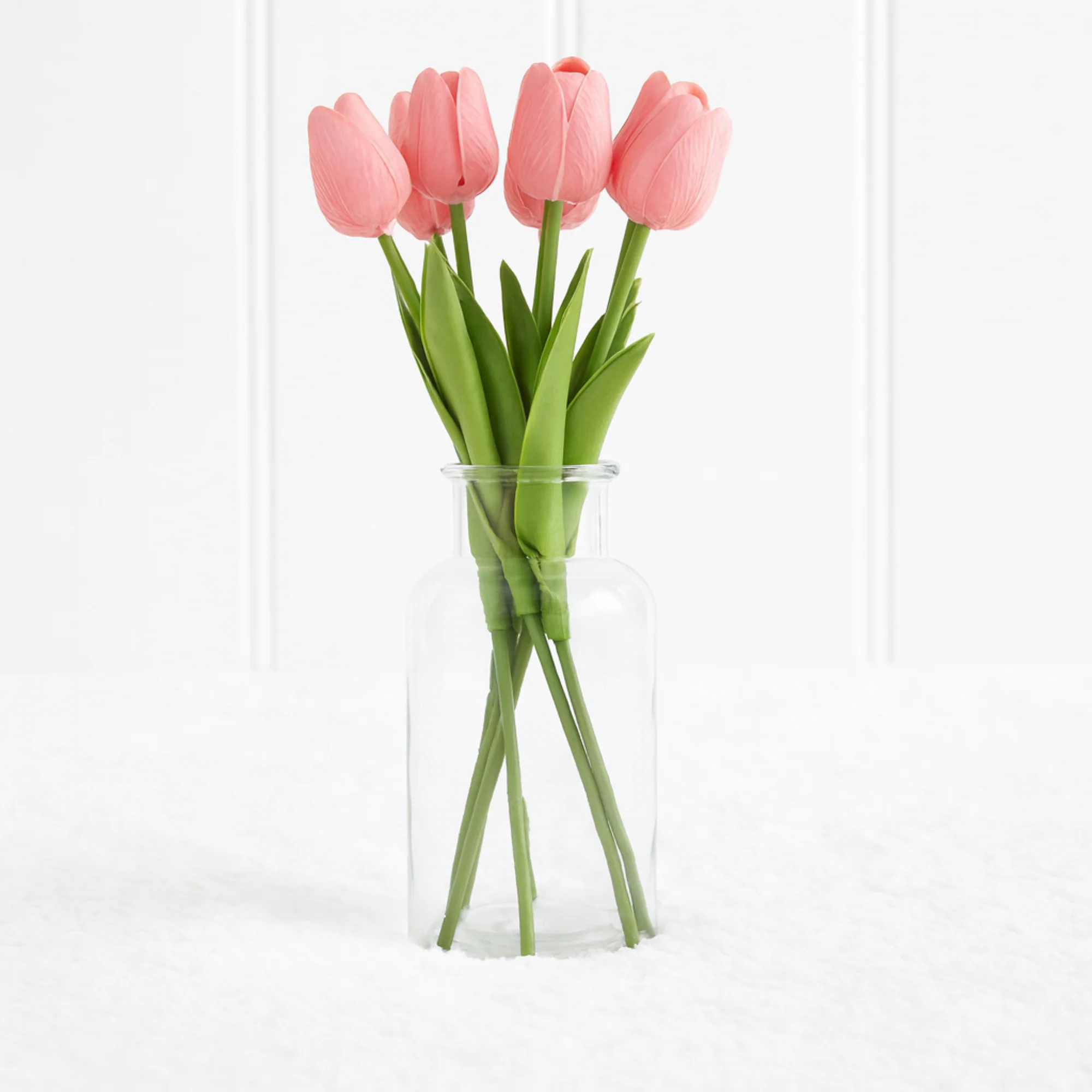 FAUX TULIPS IN GLASS VASE - PINK