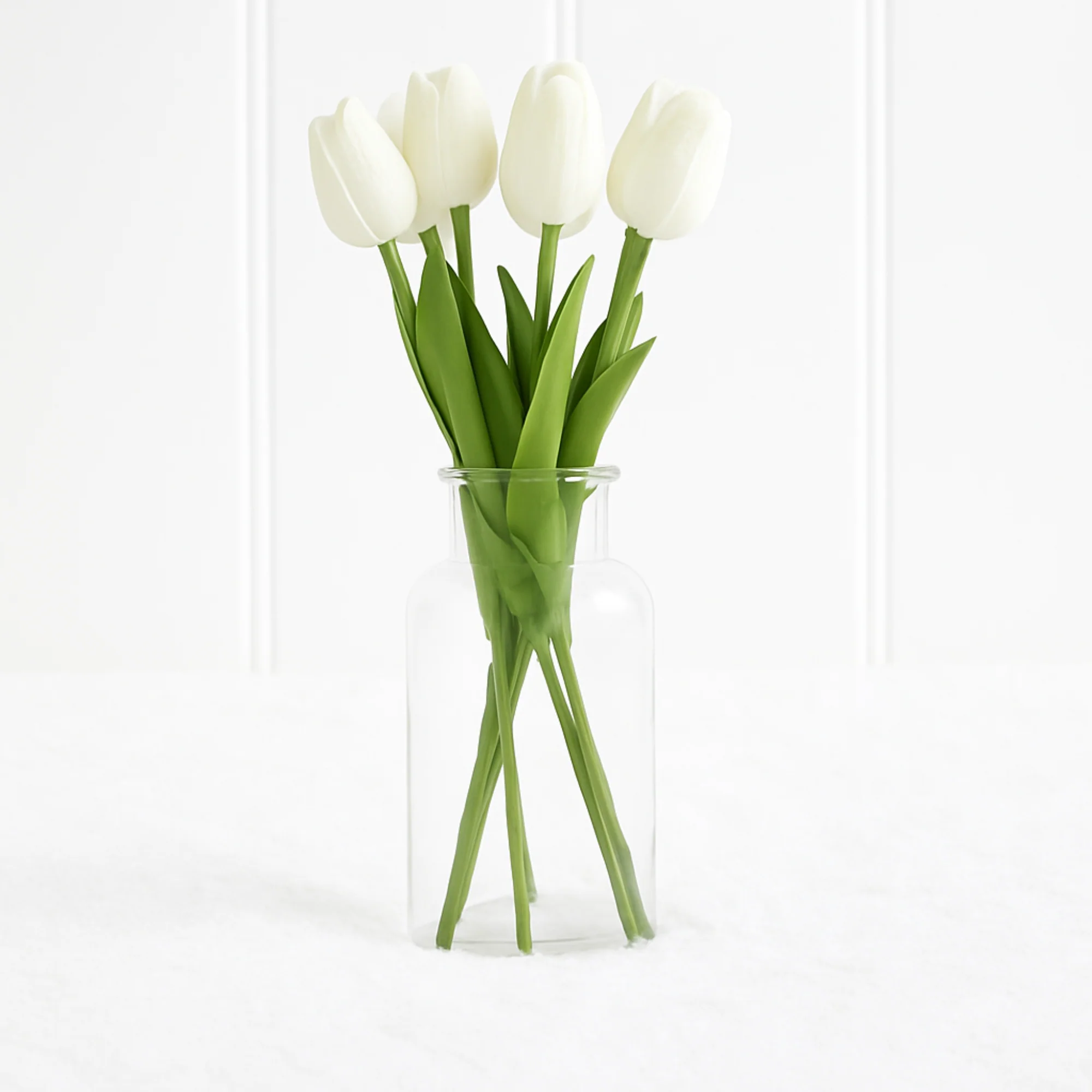 FAUX TULIPS IN GLASS VASE - WHITE